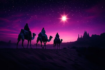 A painting of three men riding camels under a star