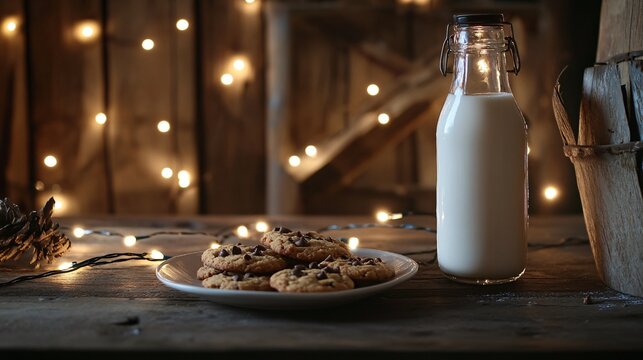Rustic wooden table with chocolate chip cookies, a vintage milk bottle, and twinkling Christmas string lights