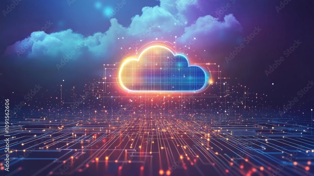 Leinwandbilder a stylized cloud, composed of glowing blue lines and orange highlights, sits above a grid-like digit