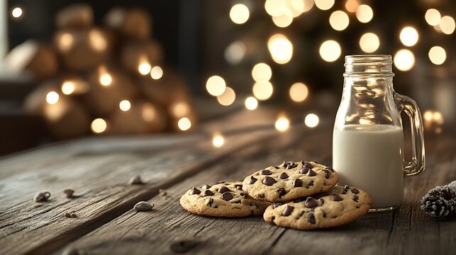 Rustic wooden table with chocolate chip cookies, a vintage milk bottle, and twinkling Christmas string lights