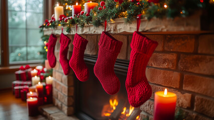 A Christmas fireplace with a decorated mantel featuring stockings, holly, and glowing candles in a warm, cozy living room.