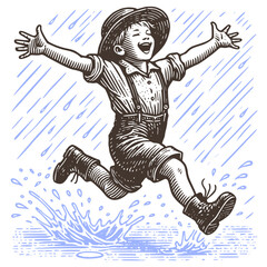 Joyful Child Jumping in Rain Puddle Vector Illustration in Woodcut Engraving Style

