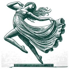 Graceful Ballerina in Flowing Dress Vector Illustration in Woodcut Engraving Style


