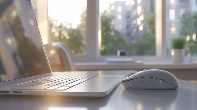 Close-up of a computer mouse beside a sleek silver laptop and keyboard.

