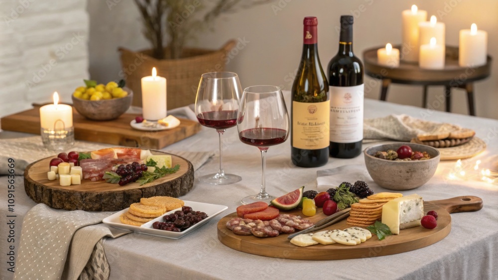 Poster a stylishly set table for a wine tasting event with various bottles tasting glasses and a charerie b