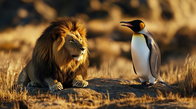 An intriguing interaction between a lion and a penguin in a striking sunlit landscape, showcasing wildlife diversity.