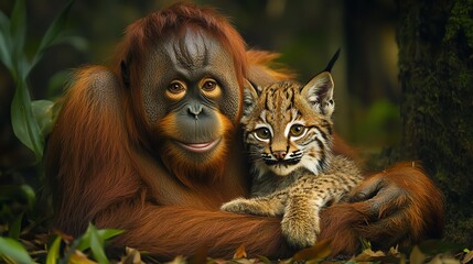 Obraz premium An orangutan and a baby bobcat share a moment in a lush, vibrant forest setting, showcasing wildlife companionship.