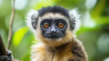 Obraz premium Close-up of a curious monkey with striking eyes, showcasing its expressive face amidst a lush green background.