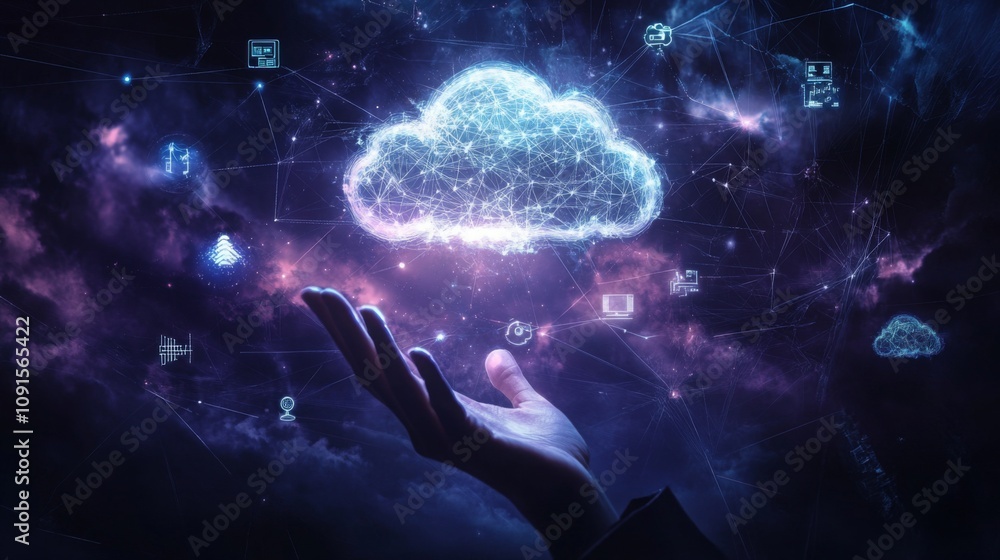 Aufkleber A hand is extended towards a luminous cloud filled with interconnected data symbols against a dark cosmic background.