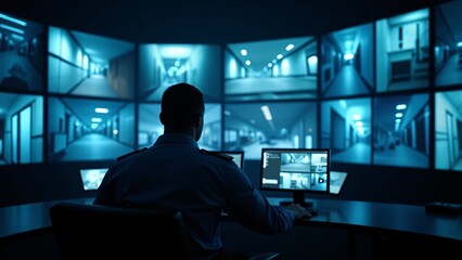Fototapeta premium A security officer in a control room monitoring multiple surveillance screens, illuminated by a blue glow. High-tech setup for advanced building security and monitoring.