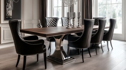 Fototapeta premium A stylish wooden table paired with sleek black and silver chairs in a minimalist setup.