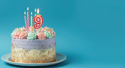Birthday or anniversary cake with number 9 candle on blue background, perfect for ninth birthday or anniversary celebrations and special events