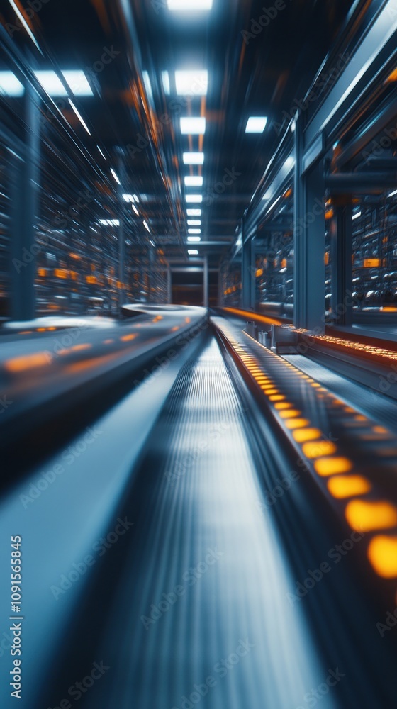 Poster dynamic view of a high-tech conveyor system in an automated warehouse with bright led lights and shi