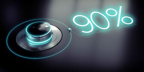90 percent - rotary knob and glowing word - 3D illustration