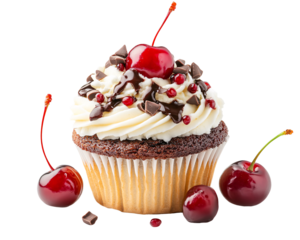 a cupcake with a cherry on top and chocolate chips