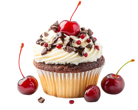 a cupcake with a cherry on top and chocolate chips