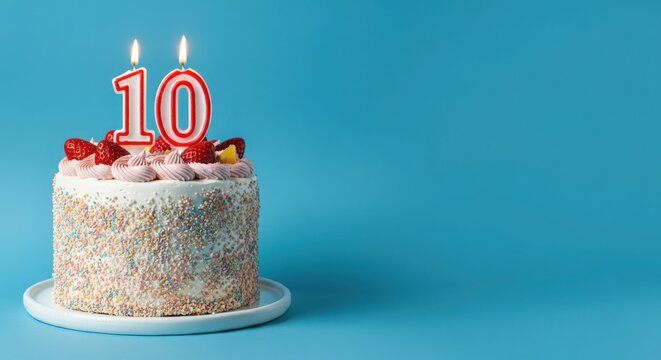 Birthday or anniversary cake with number 10 candle on blue background, perfect for tenth birthday or anniversary celebrations and special events