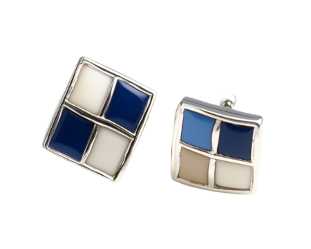 a pair of blue and white cufflinks