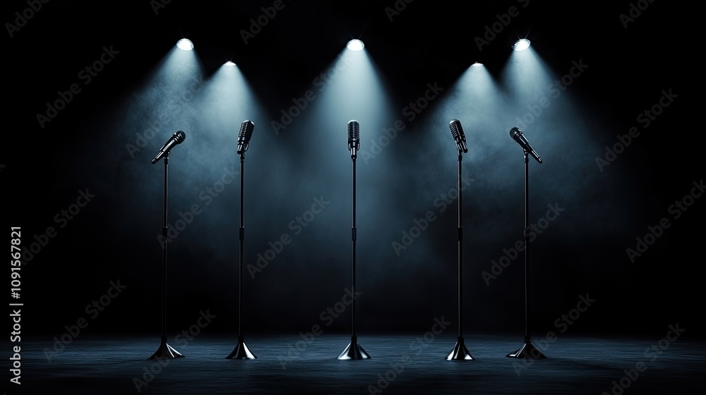 Poster a minimalist stage design with bright spotlights shining down on empty microphone stands, creating a