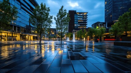 A modern city square bathed in twilight, where artificial lights contrast sharply with natural shadows.