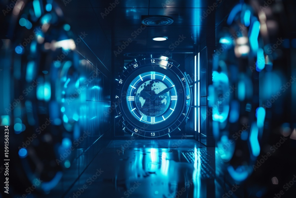 Poster the scene displays a high-tech corridor bathed in blue light, culminating in a digital globe surroun