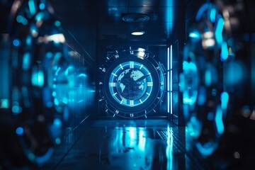The scene displays a high-tech corridor bathed in blue light, culminating in a digital globe surrounded by intricate clock designs, symbolizing time and progress.