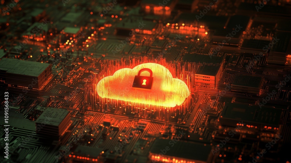 Poster A vibrant depiction of a cloud symbol featuring a lock, illuminated against a backdrop of intricate circuit board patterns.