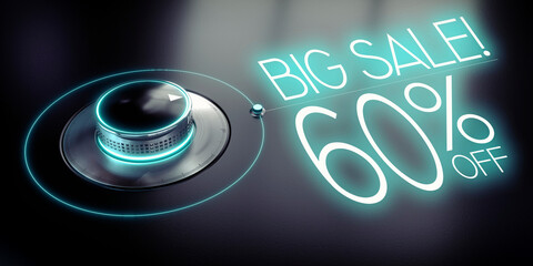 Big sale - 60 percent off - rotary knob and glowing word - 3D illustration