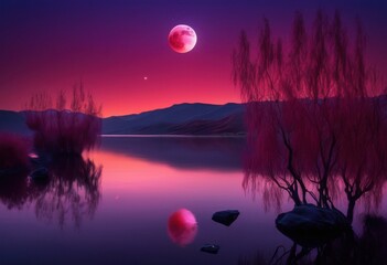 Fototapeta premium breathtaking stunning scene mysterious blood moon illuminating serene landscape dusk soft hues gentle shadows, lunar, scenery, sky, clouds, twilight, nature