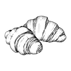 A detailed hand drawn sketch of croissants. Vector black and white illustration of a flaky, layered French pastry. Perfect for breakfast, bakery or food-related designs and packaging concepts.