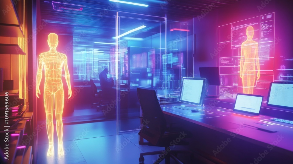Aufkleber In a high-tech office environment illuminated by neon lights, digital human figures are projected alongside sleek computer workstations.