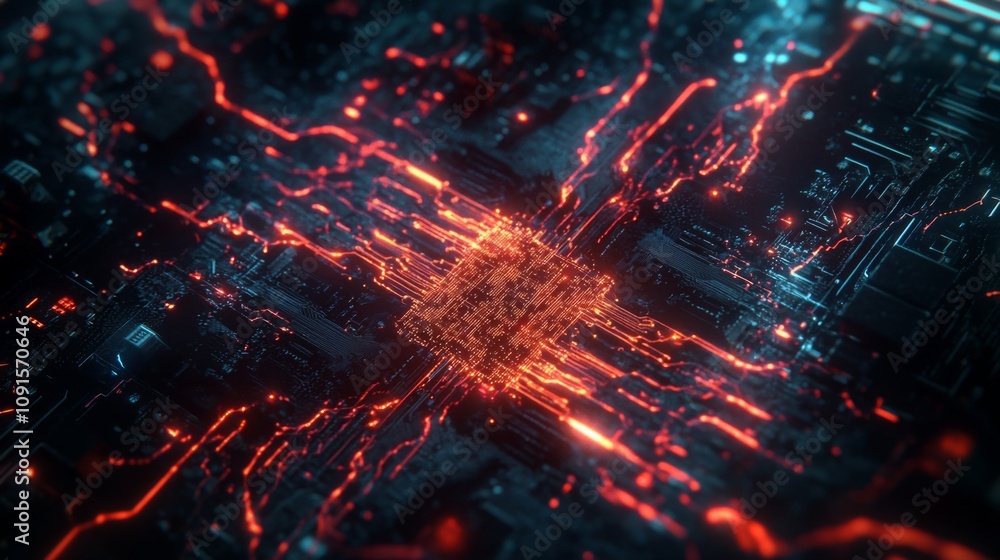 Aufkleber A circuit board is illuminated by intense red and blue lights, creating a captivating visual effect.