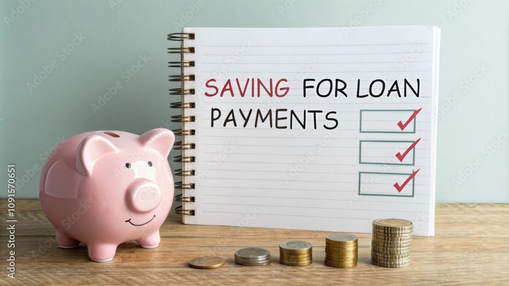 Poster a piggy bank filled with coins next to a checklist labeled saving for loan payments with check marks