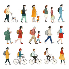 Fototapeta premium diverse group of people walking, biking, and interacting in various outfits and styles, showcasing urban life and daily activities. Isolated on white ,PNG Transparency