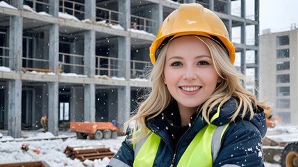 Young happy woman at work in winter on the street against the background of houses under construction