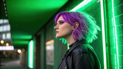 In this portrait an individual with bright violet hair stands confidently in front of a vibrant green neon backdrop. The rich colors create a strong visual statement underlining