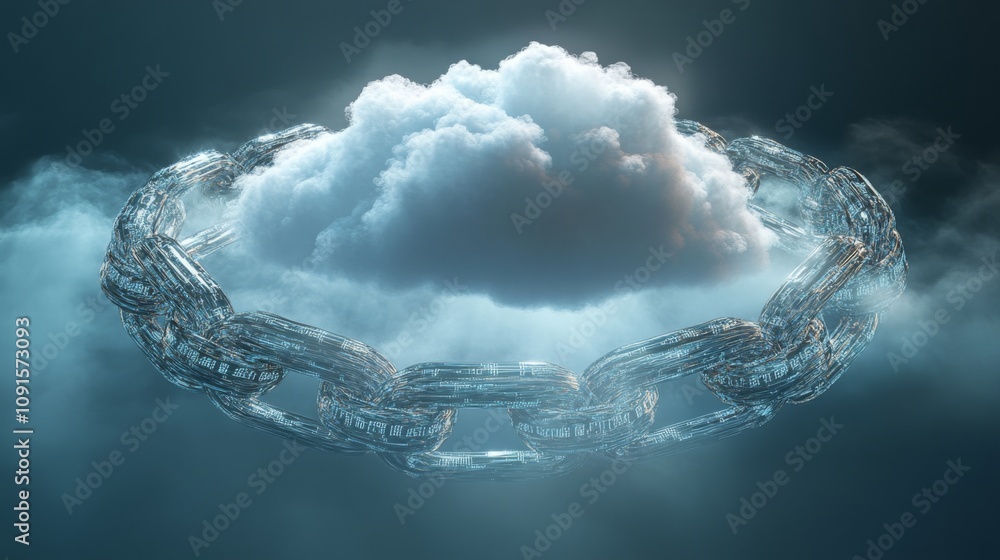 Aufkleber a chain made of metallic links surrounds a fluffy cloud, floating in an atmosphere filled with soft 