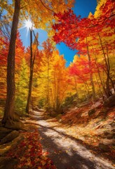 Fototapeta premium vibrant autumn leaves laying across serene mountain path surrounded lush trees clear blue sky, nature, color, landscape, scenery, foliage, trail, outdoors