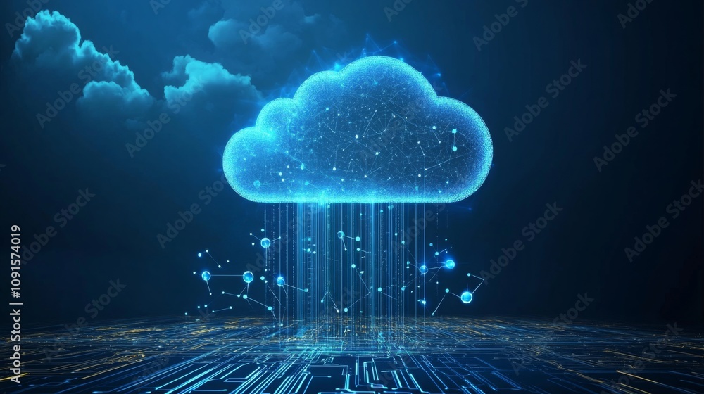 Poster A digital cloud filled with data streams hovers above a glowing cityscape at night, illustrating the concept of cloud technology. Bright connections and dots represent data flowing continuously.