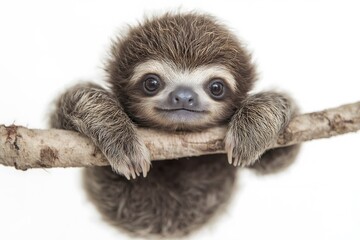 Charming baby sloth hanging from a branch