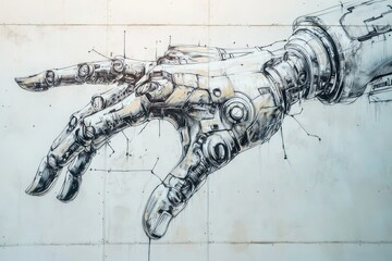 A large wall mural of a futuristic robot hand reaching out, with mechanical details drawn in a graffiti style.