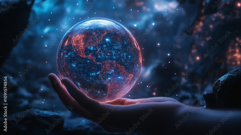 Poster a person's hand holds a transparent sphere containing a digital representation of planet earth. the 