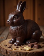 Chocolate Easter bunny figurine surrounded by chocolate pieces on a wooden platter