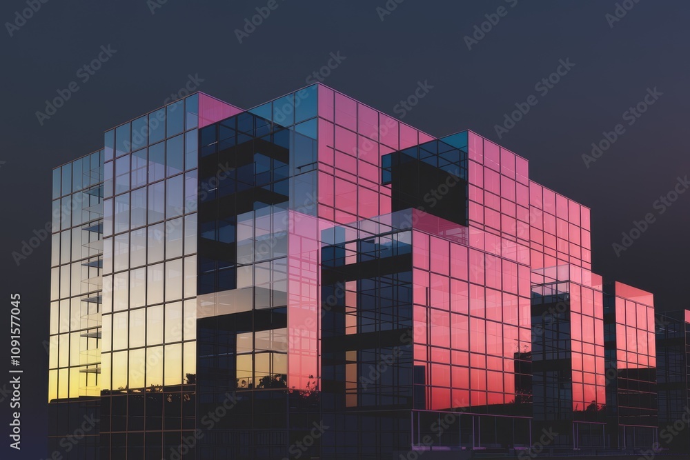 Poster a modern glass building reflecting the sunset in a grid pattern.