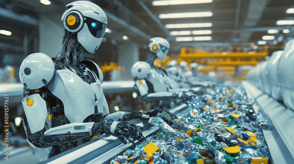 Aufkleber Multiple advanced robots work collaboratively on a factory assembly line, processing a large quantity of recyclable plastic waste. The robots' movements are precise and synchronized.