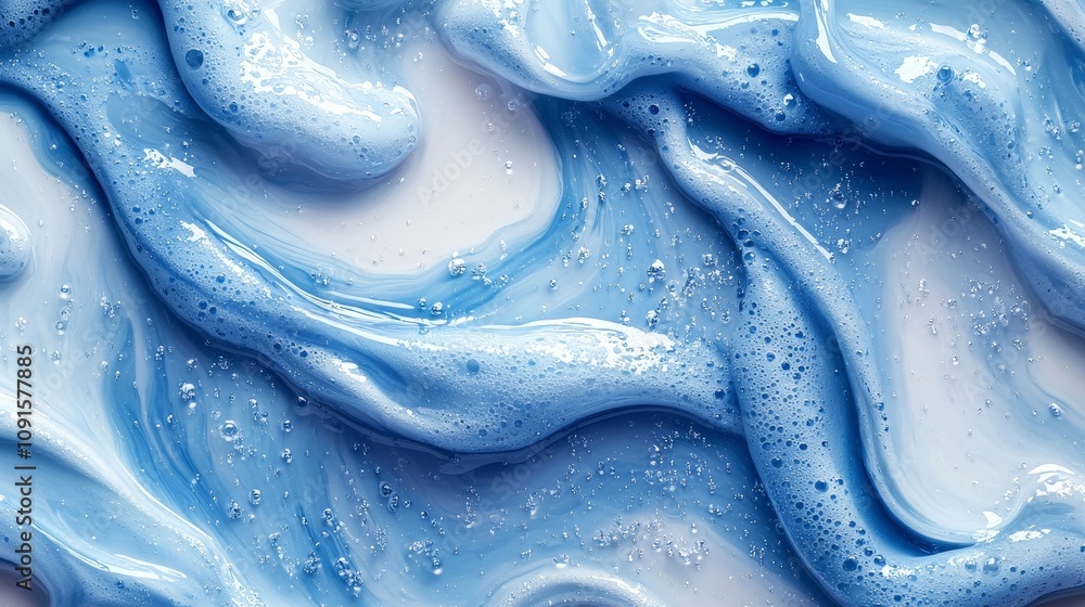 Wall mural a close-up of swirling blue liquid with bubbles, creating a dynamic and textured appearance.