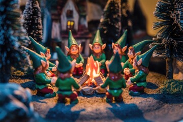 A group of gnomes gathers around a campfire in a miniature winter wonderland.