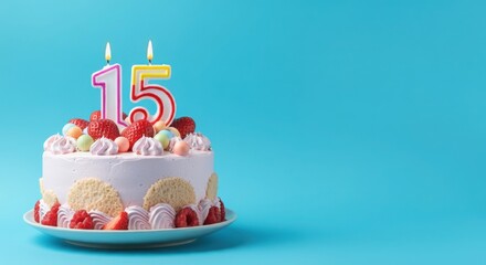 Birthday or anniversary cake with number 15 candle on blue background, perfect for fifteenth birthday or anniversary celebrations and special events