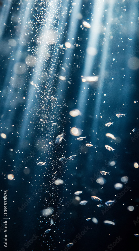 Poster sunlight streams through an aquarium illuminating numerous small fish and rising bubbles