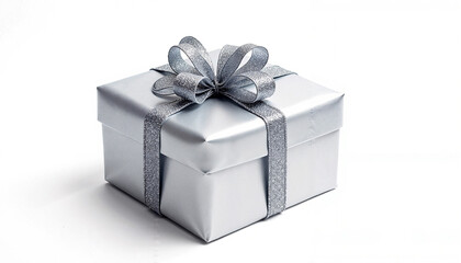 Obraz premium Stylish silver gift box with a shimmering ribbon and bow on a white background